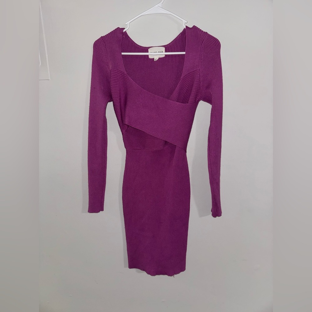 Olive + Oak Purple Ribbed Knit Sweater Dress Criss Cross Neck Long Sleeve Size M
